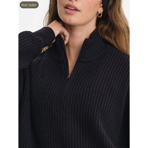 Mate the Label Medium Organic Waffle Collared Half Zip Black Medium - FLAW - Picture 2 of 8